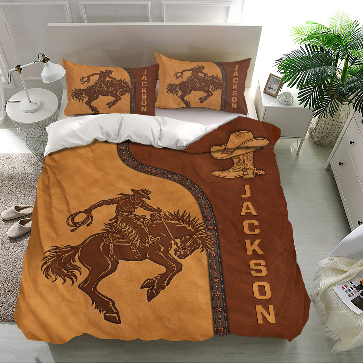 Western rodeo bedding set displayed in a bright bedroom with cowboy rider and saddle-inspired artwork