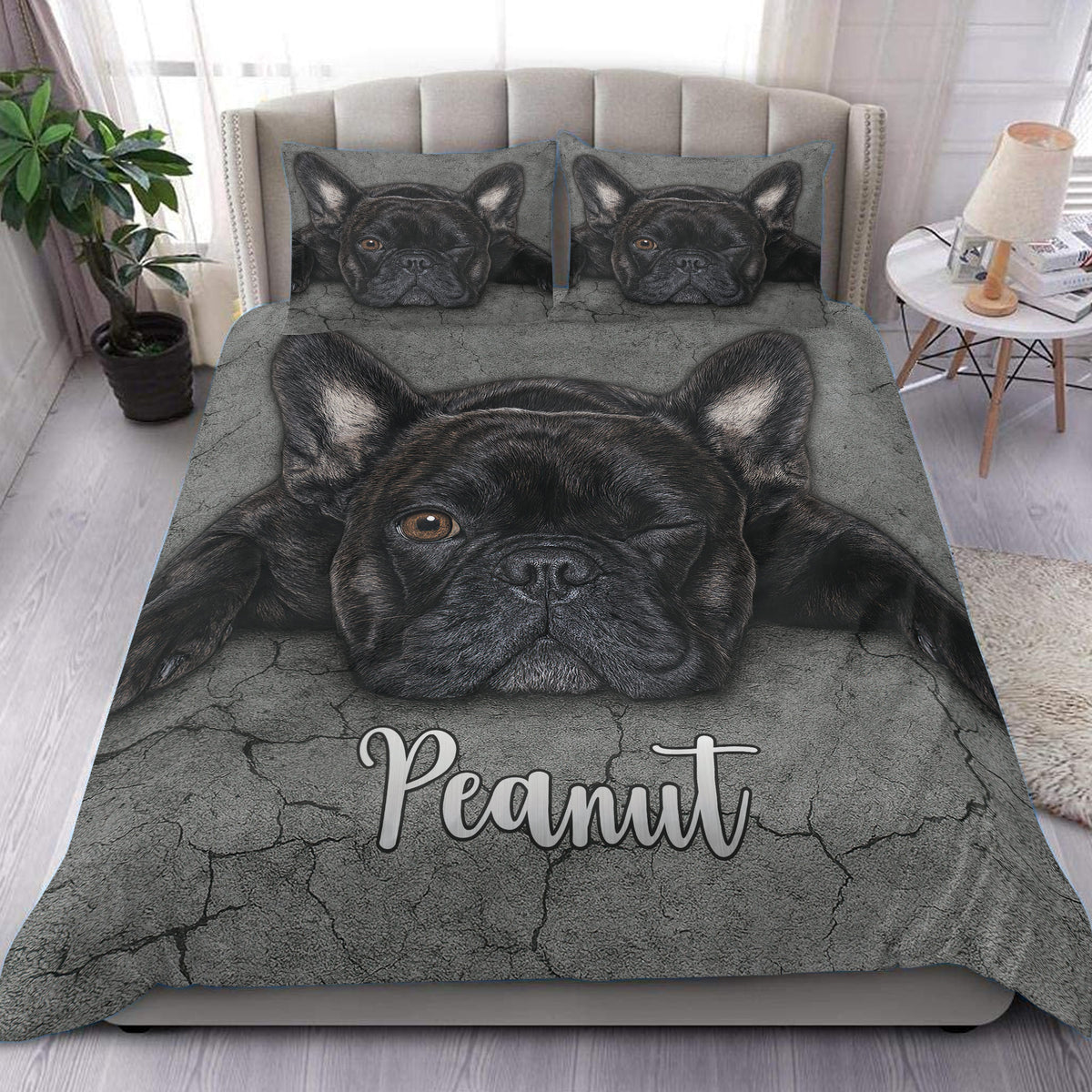 French Bulldog duvet cover set styled on a bed with a black dog portrait, gray cracked-stone background, and custom lettering