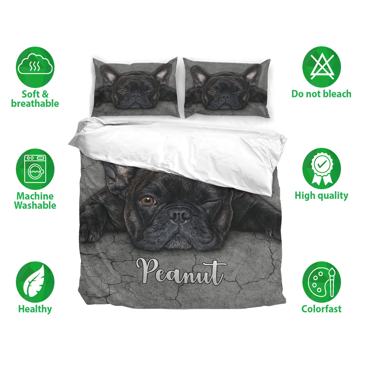 French Bulldog bedding set displayed with matching pillowcases and visual icons highlighting soft, breathable, washable fabric