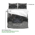 French Bulldog duvet cover shown with matching pillowcases, gray artwork, and a close view of the printable fabric surface