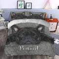 French Bulldog duvet cover bedding set styled in a modern bedroom with a large black dog portrait and gray neutral tones
