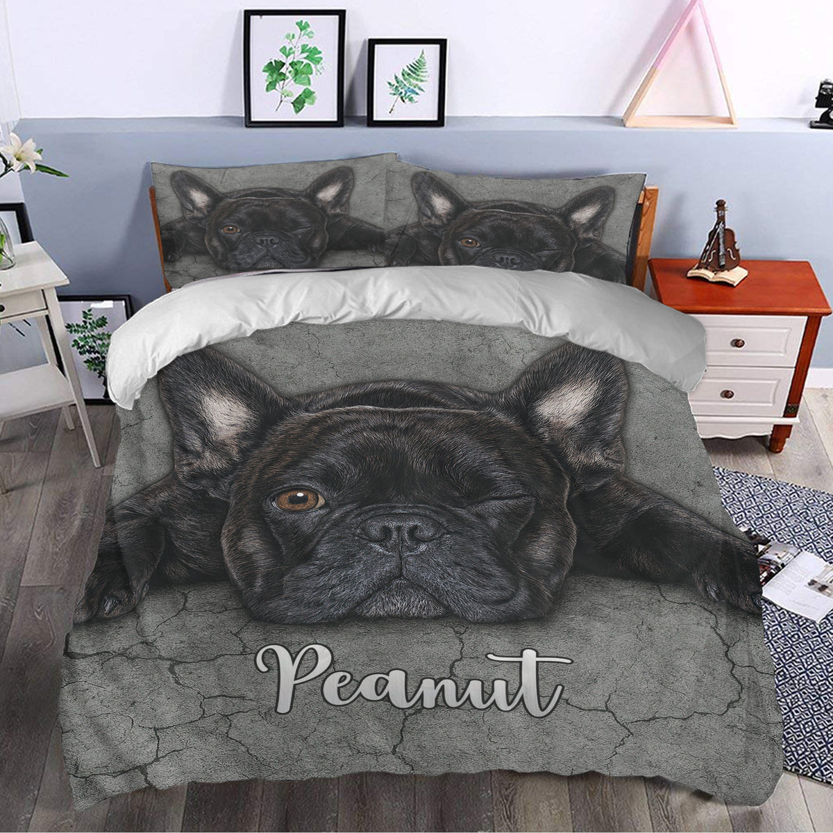 French Bulldog duvet cover bedding set styled in a modern bedroom with a large black dog portrait and gray neutral tones
