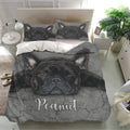 French Bulldog bedding set presented in a bright bedroom with matching pillowcases and a bold black dog portrait design