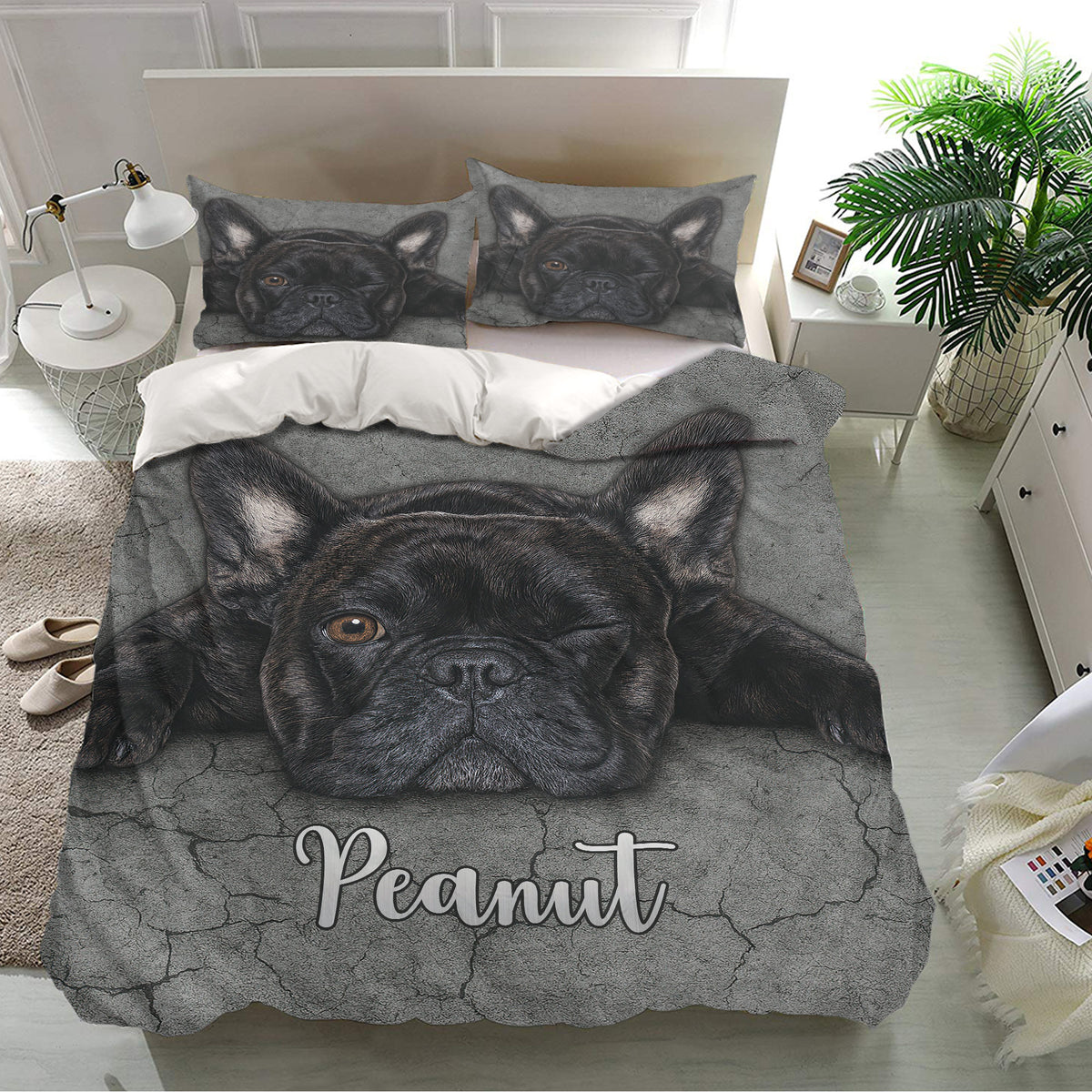 French Bulldog bedding set presented in a bright bedroom with matching pillowcases and a bold black dog portrait design