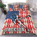 Lacrosse duvet cover set displayed on a bed with a patriotic red, white, and blue player design