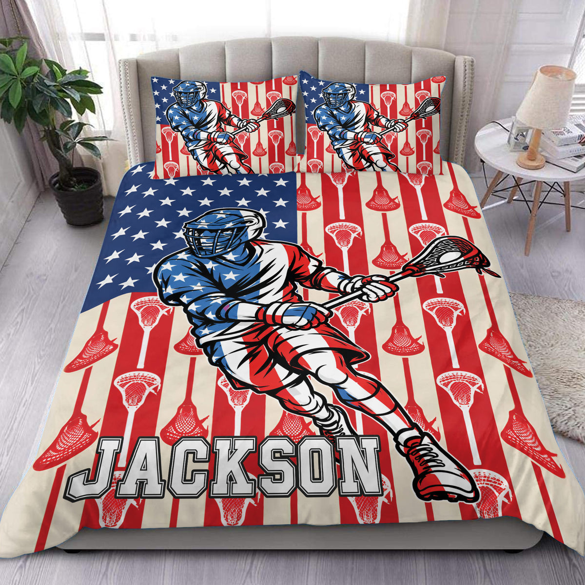 Lacrosse duvet cover set displayed on a bed with a patriotic red, white, and blue player design