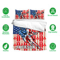 Lacrosse bedding set shown with matching pillowcases and bold player artwork in red, white, and blue