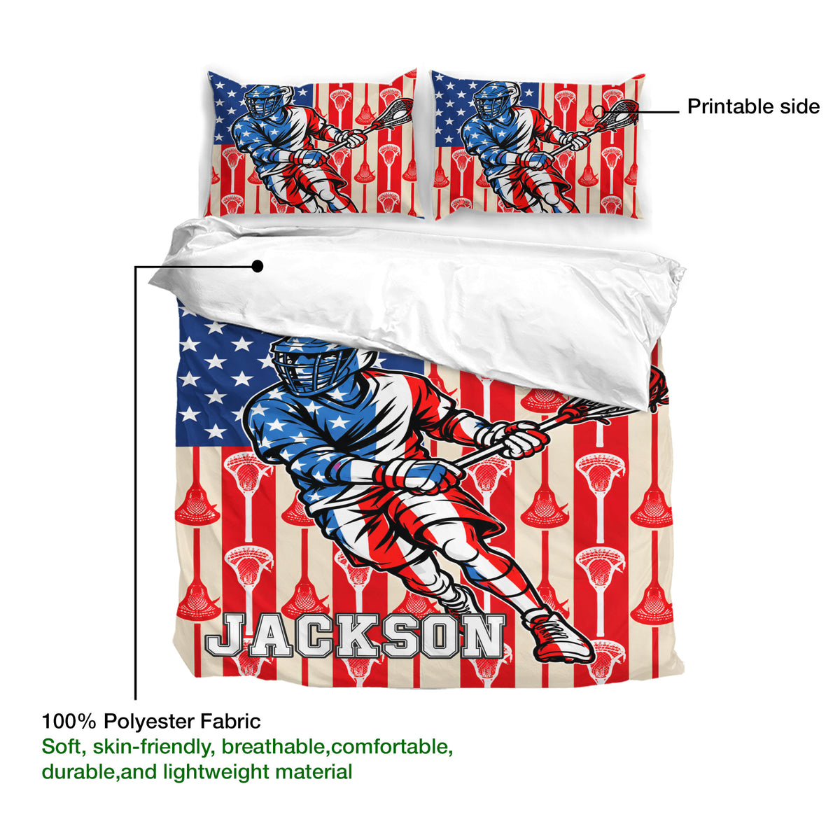 Lacrosse duvet cover bedding set presentation highlighting the printed player design and fabric surface