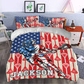 Lacrosse bedroom decor with a red, white, and blue duvet cover featuring a player and lacrosse sticks