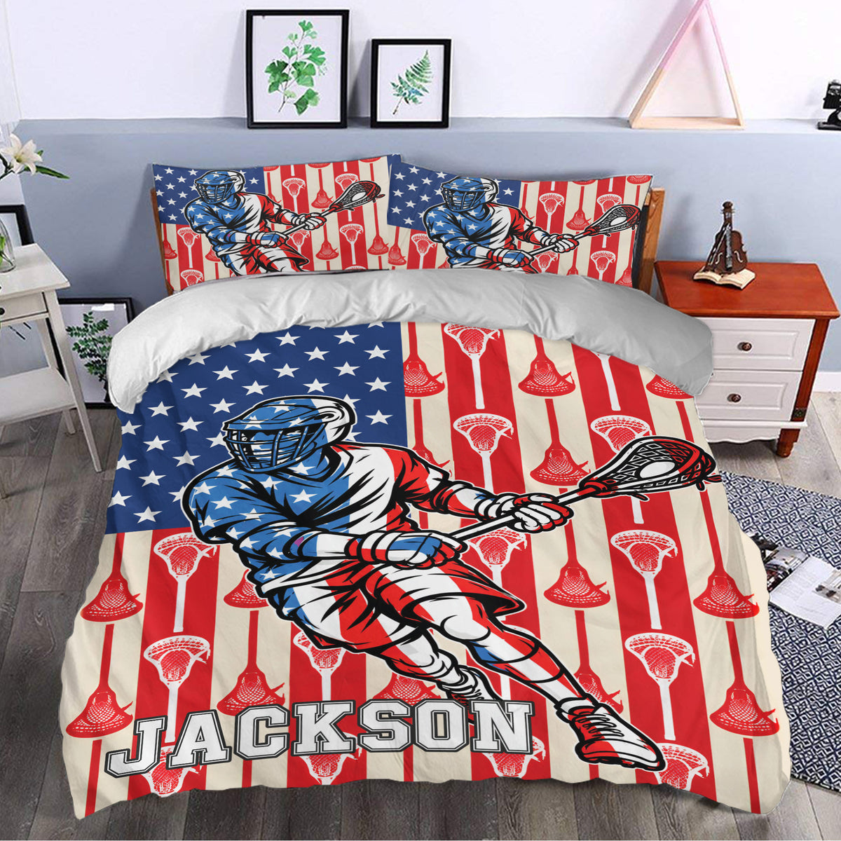 Lacrosse bedroom decor with a red, white, and blue duvet cover featuring a player and lacrosse sticks