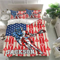 Lacrosse bedding set styled in a bright bedroom with matching player artwork and patriotic colors