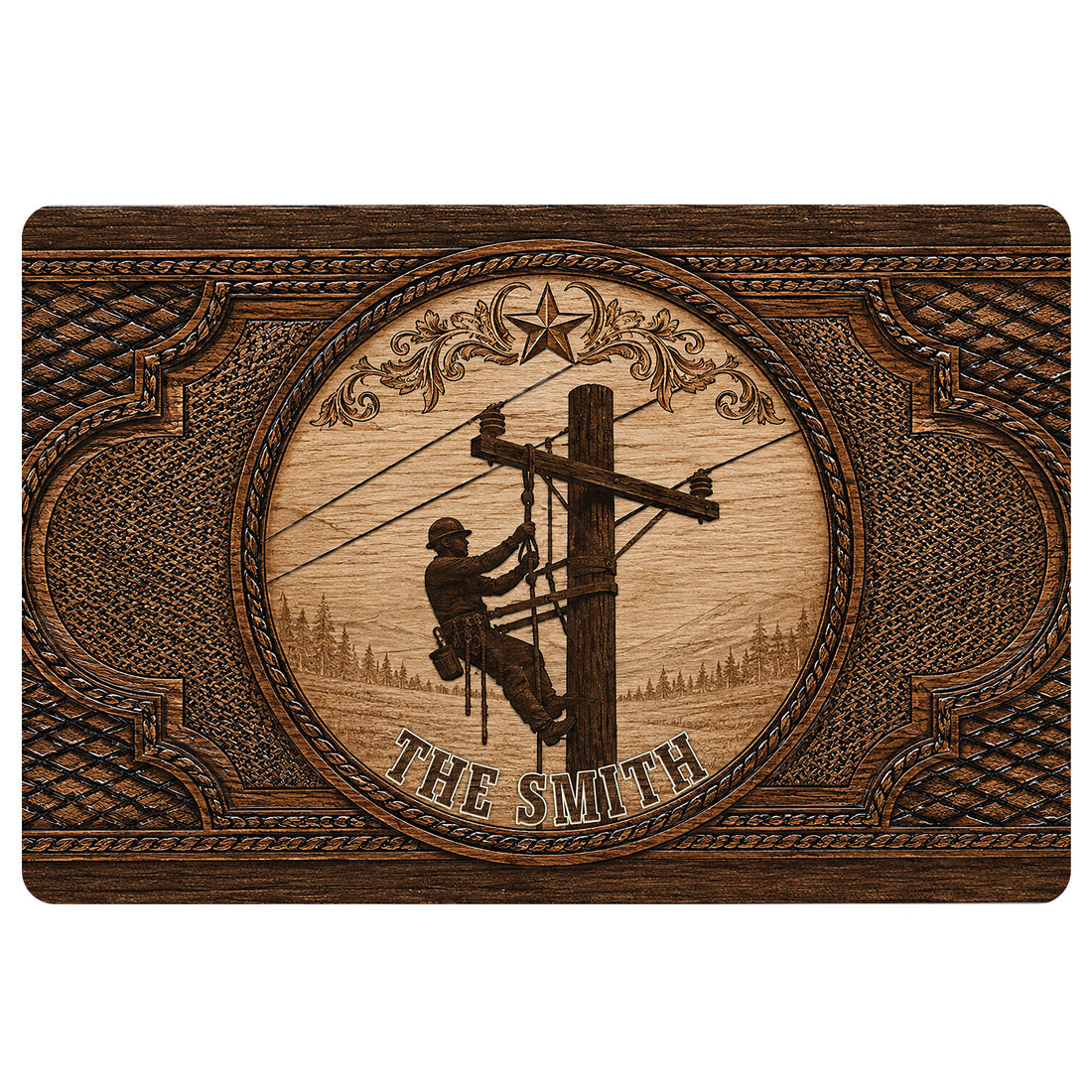 Lineman doormat with a utility worker on a wooden pole, star emblem, ornate brown border and visible name placeholder