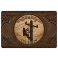 Lineman doormat with a utility worker on a wooden pole, star emblem, ornate brown border and visible name placeholder