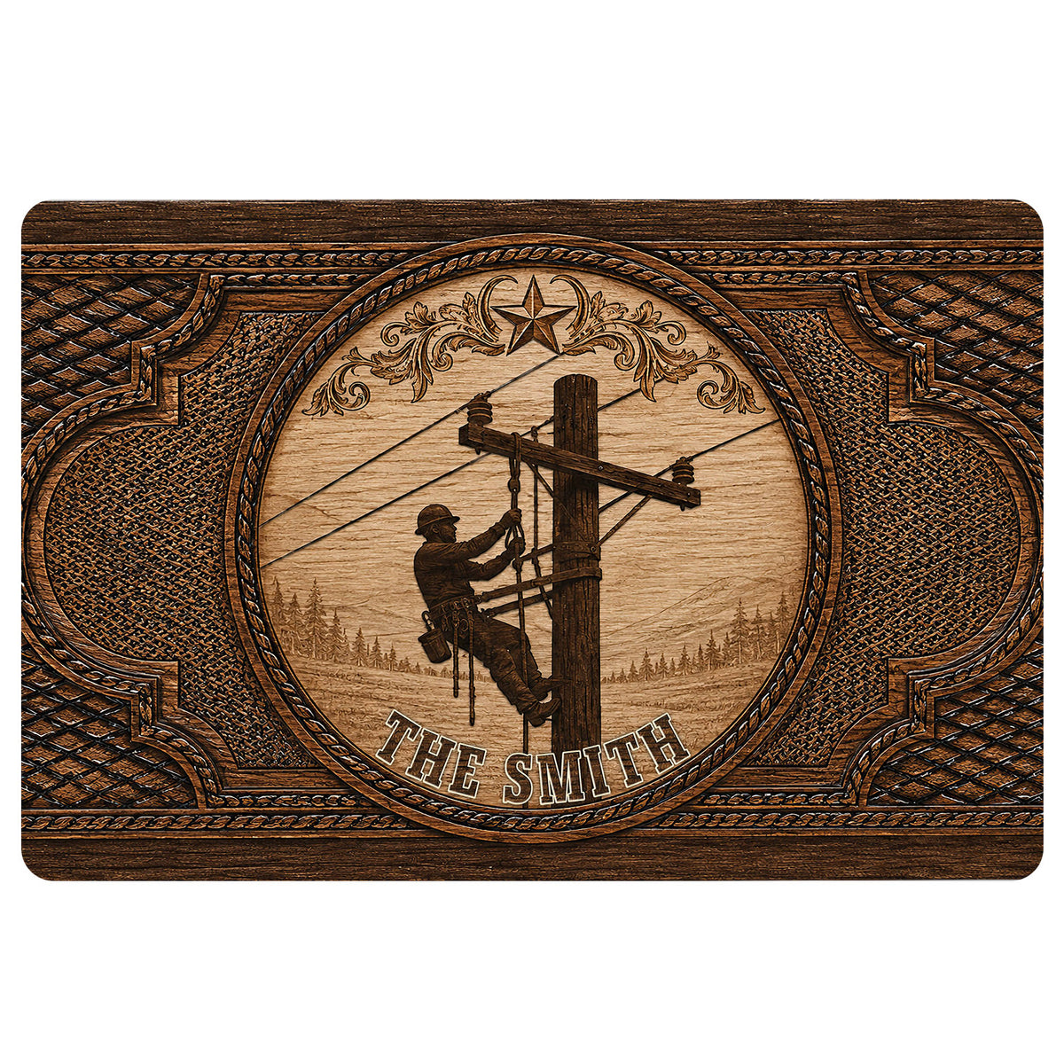 Lineman doormat with a utility worker on a wooden pole, star emblem, ornate brown border and visible name placeholder