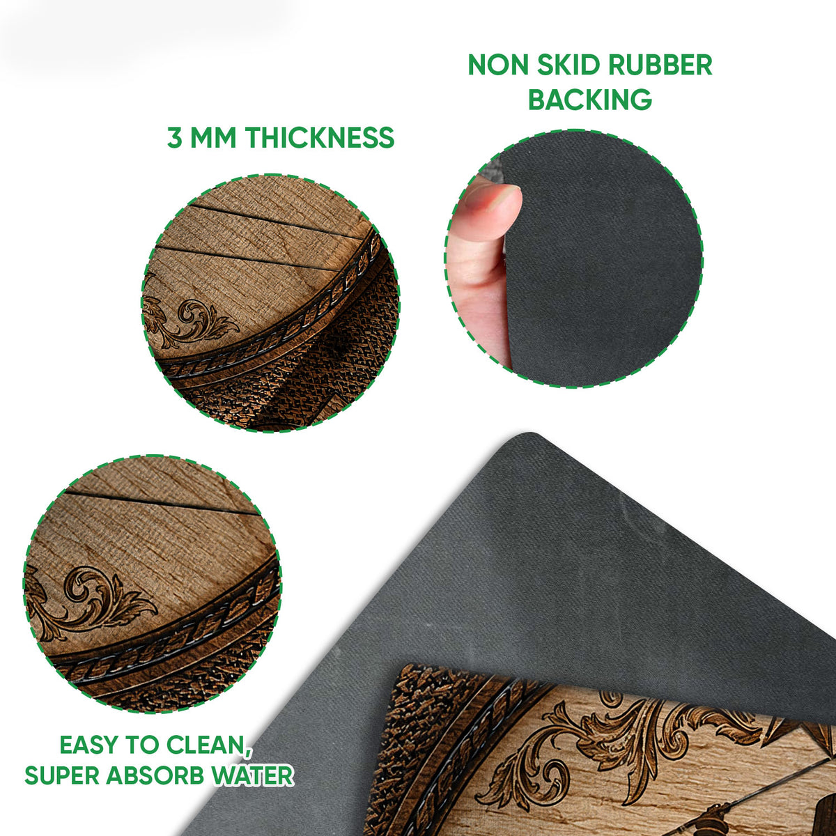 Close-up detail of the lineman doormat surface and dark rubber backing with product construction callouts