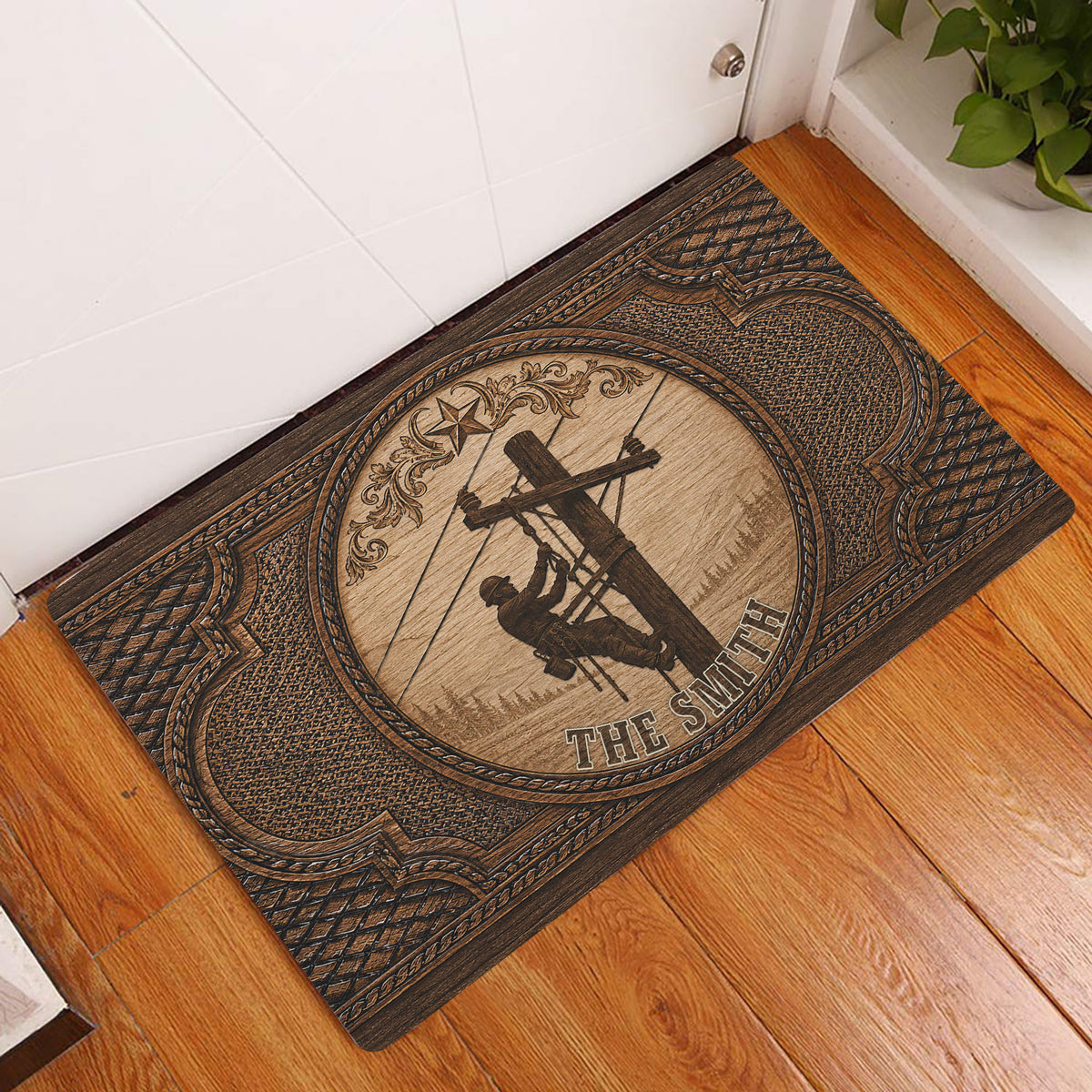 Lineman doormat displayed inside a home entryway beside a white door and warm wood flooring