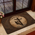 Lineman entryway mat shown by a glass door with a utility worker scene and rustic wood design