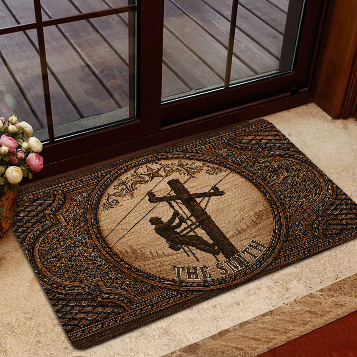 Lineman entryway mat shown by a glass door with a utility worker scene and rustic wood design