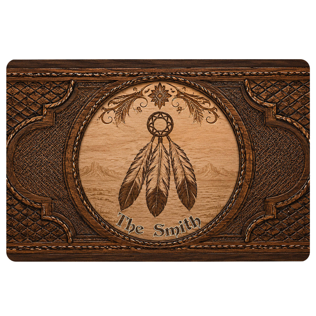 Wood-look American Native doormat featuring a dreamcatcher, feathers, desert scenery, and ornate border