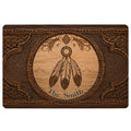 Wood-look American Native doormat featuring a dreamcatcher, feathers, desert scenery, and ornate border