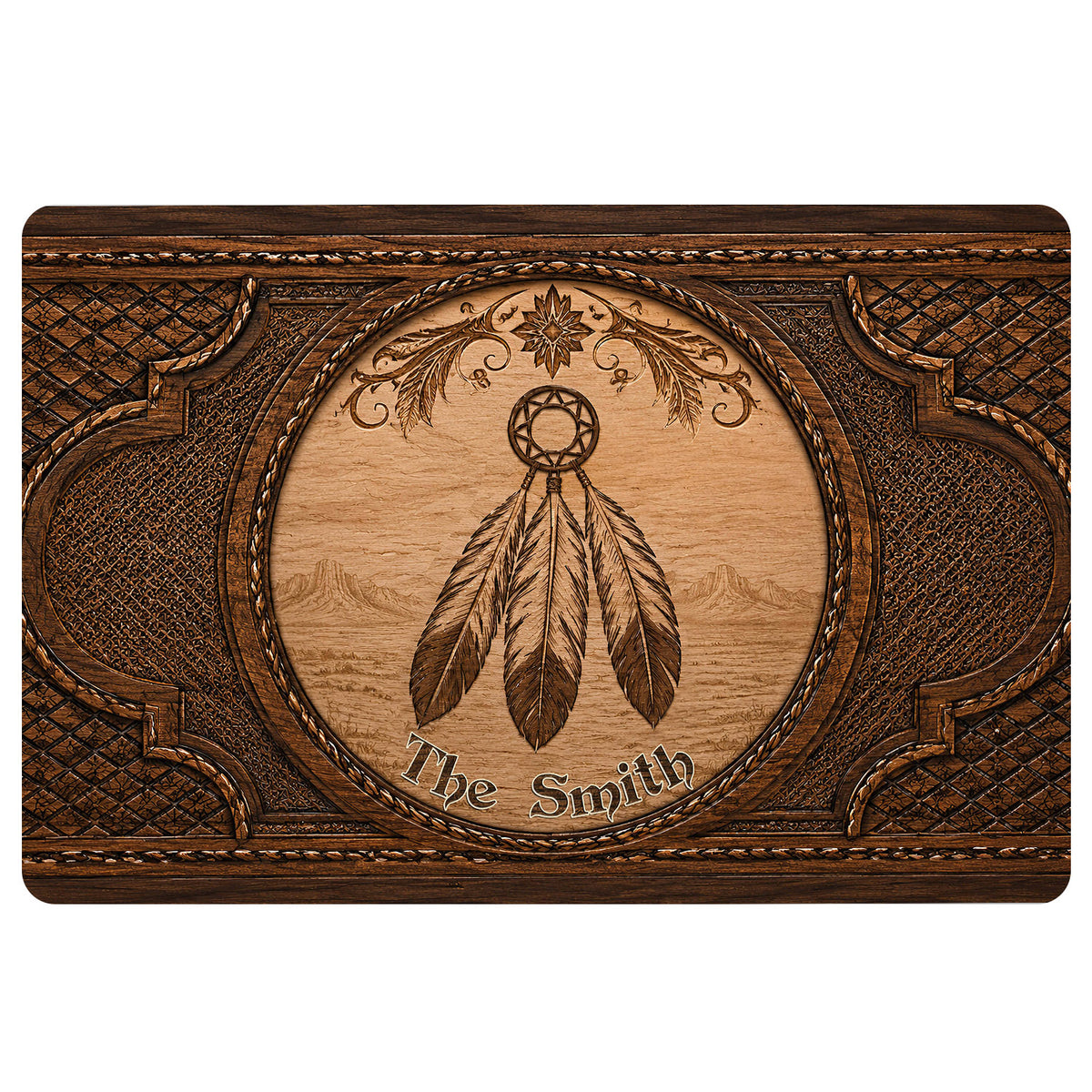 Wood-look American Native doormat featuring a dreamcatcher, feathers, desert scenery, and ornate border