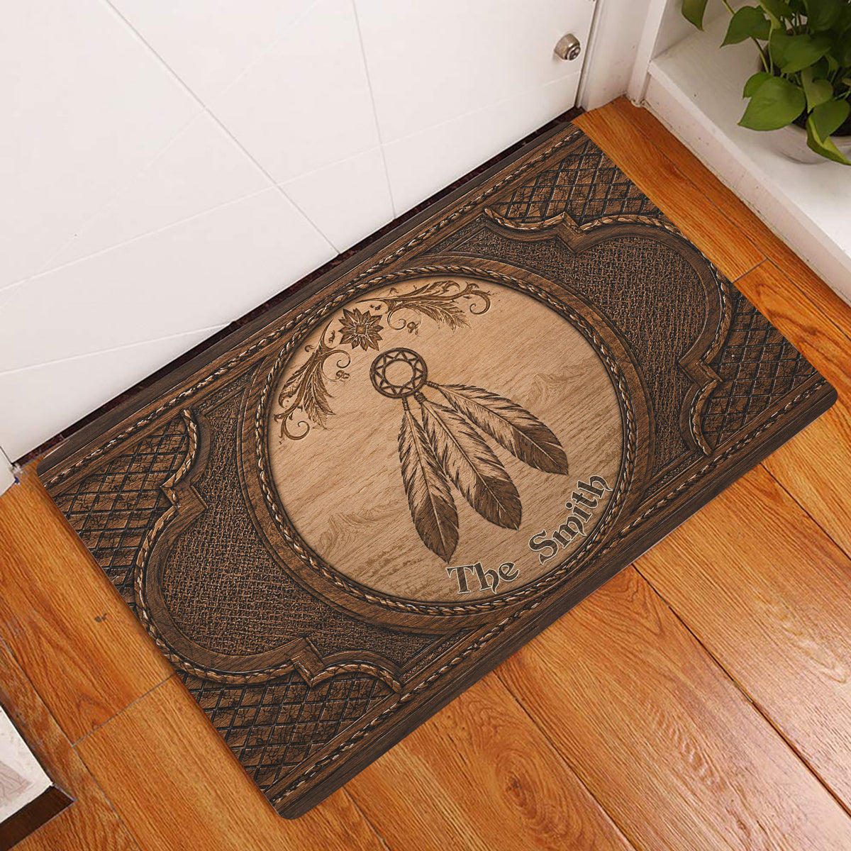 American Native dreamcatcher doormat displayed at an interior doorway on a wood floor