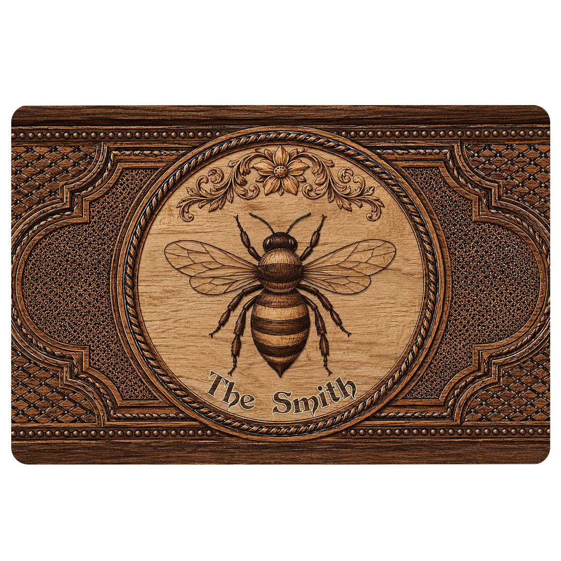 Ornate brown bee doormat with woodgrain artwork, floral scrollwork, and decorative framed border