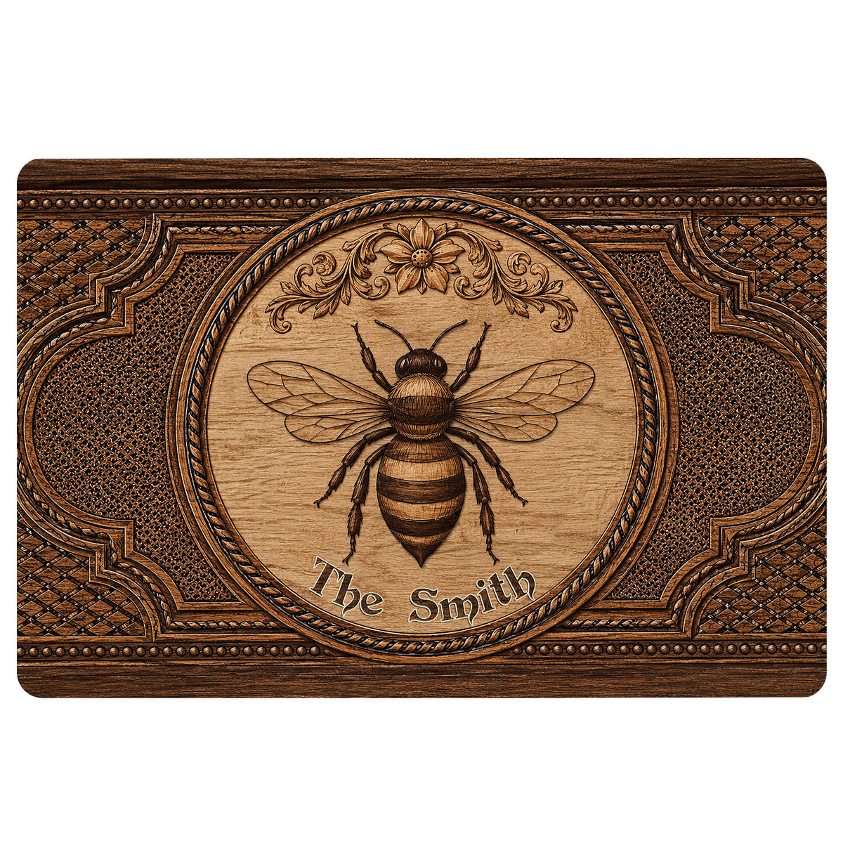 Ornate brown bee doormat with woodgrain artwork, floral scrollwork, and decorative framed border