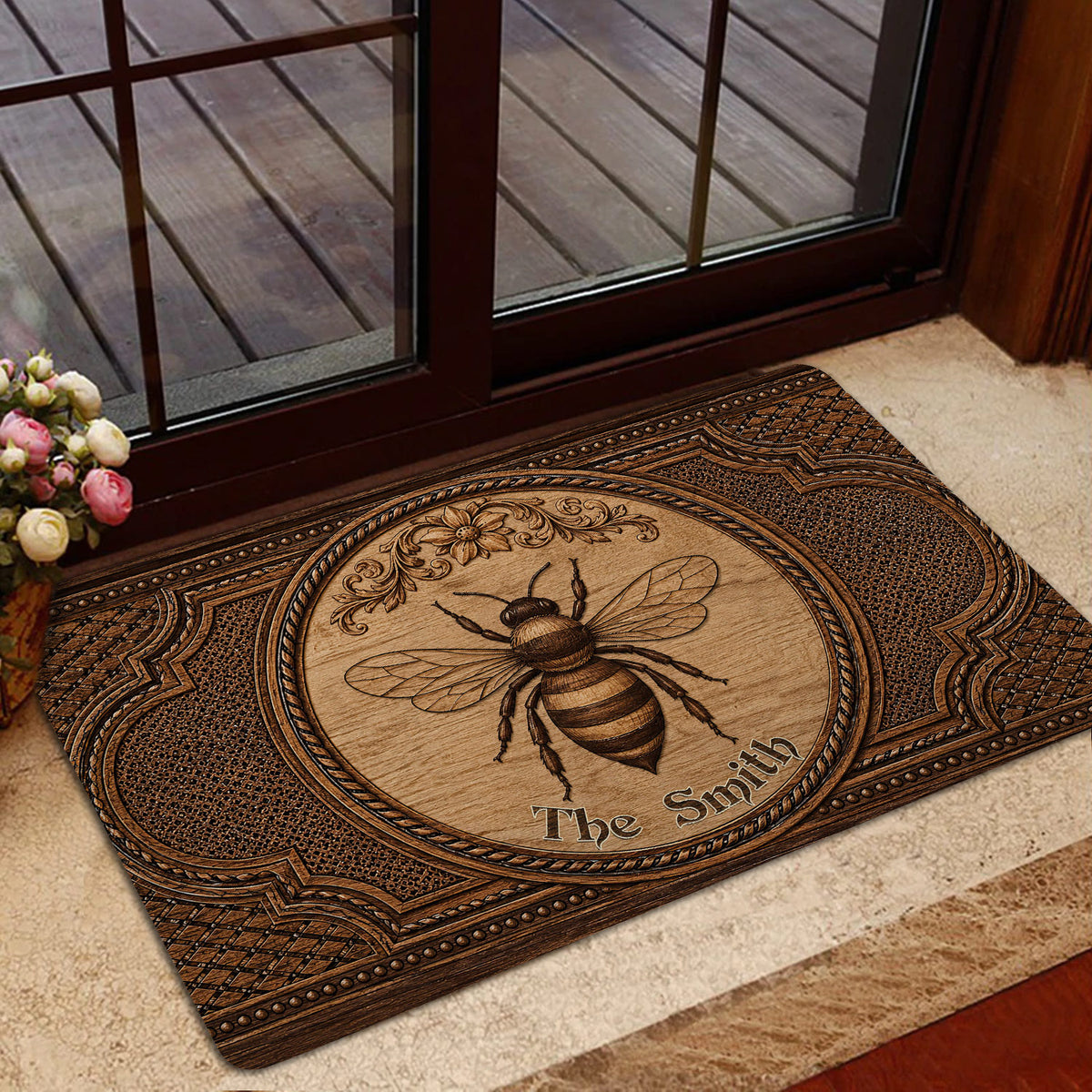 Bee-themed door mat positioned inside a glass doorway with floral accents and warm brown artwork