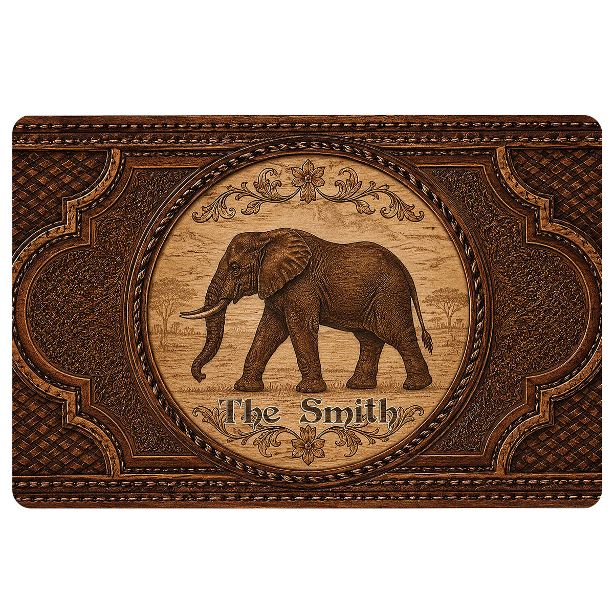 Ornate brown elephant doormat design with floral scrollwork and a vintage decorative frame