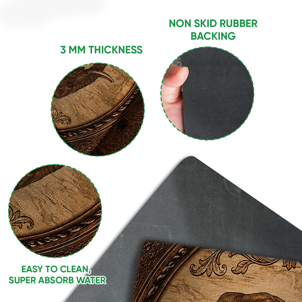 Elephant doormat detail showing the printed surface, rubber backing, and thin profile