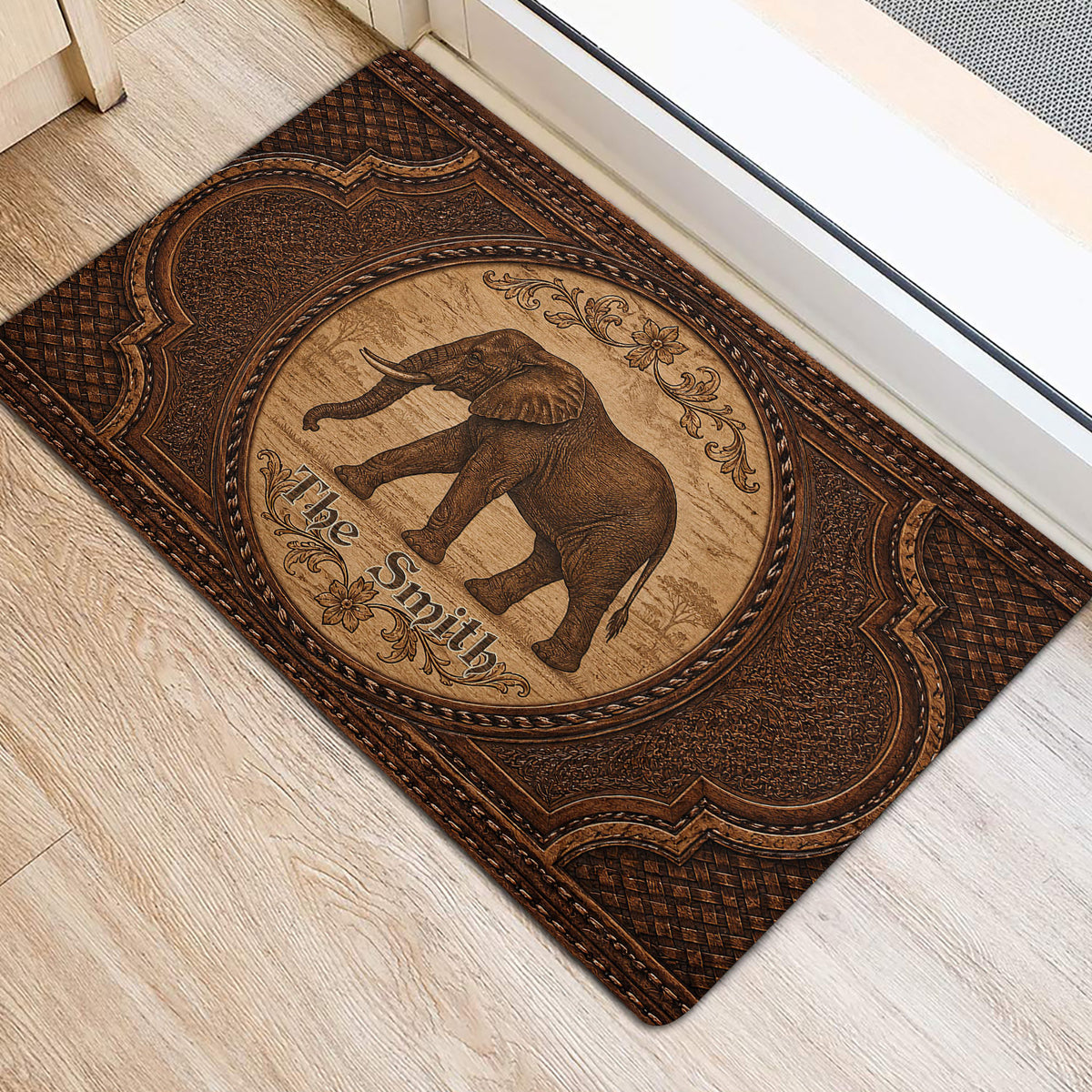 Sepia elephant entryway mat displayed near a doorway on light wood flooring