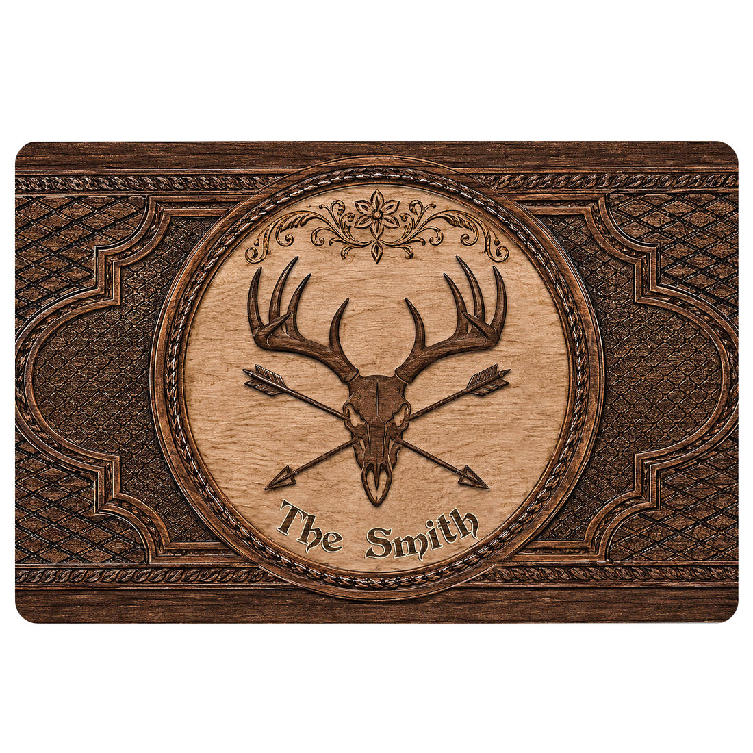 Hunting-themed doormat with a deer skull, antlers, crossed arrows, and ornate brown woodgrain artwork