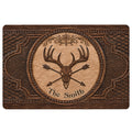 Hunting-themed doormat with a deer skull, antlers, crossed arrows, and ornate brown woodgrain artwork