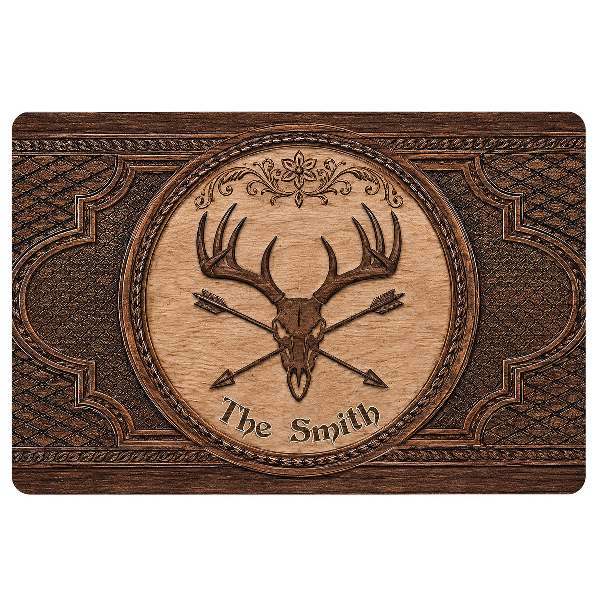 Hunting-themed doormat with a deer skull, antlers, crossed arrows, and ornate brown woodgrain artwork