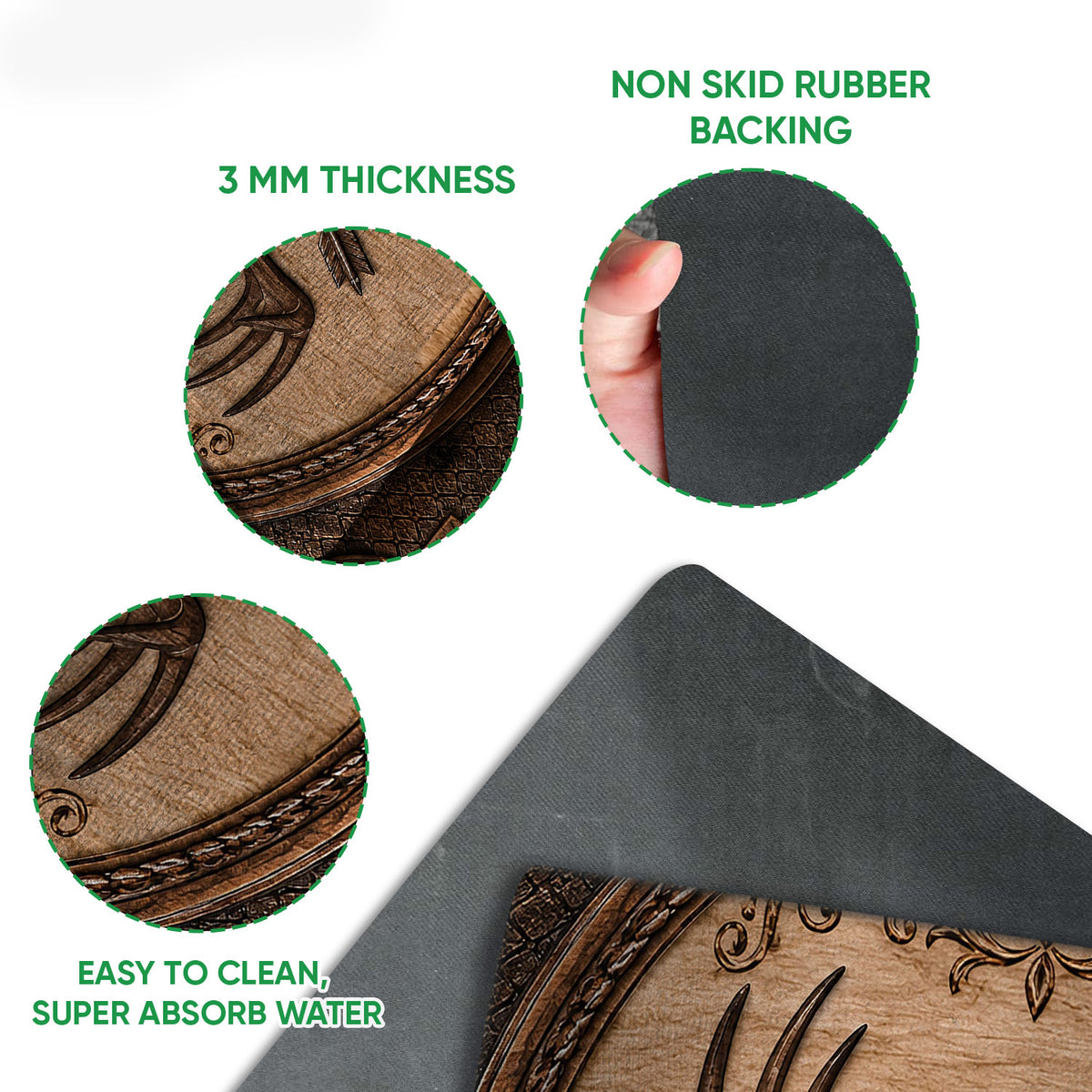 Close-up detail of the hunting doormat surface and black rubber backing with traction-focused construction