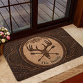 Hunting-themed deer skull doormat styled in an indoor entryway beside a glass door