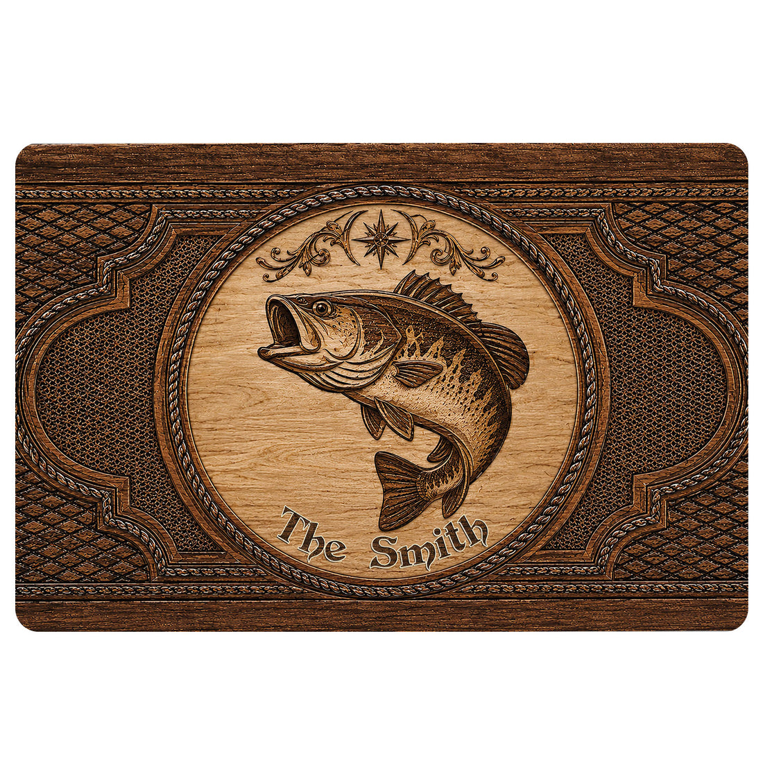 Rustic fishing doormat featuring a detailed fish illustration, ornate woodgrain border, and compass motif