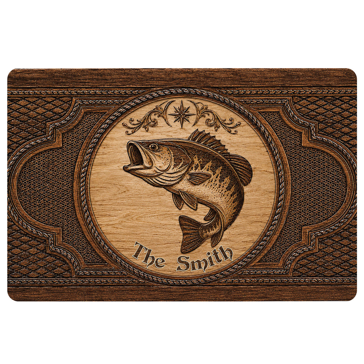Rustic fishing doormat featuring a detailed fish illustration, ornate woodgrain border, and compass motif