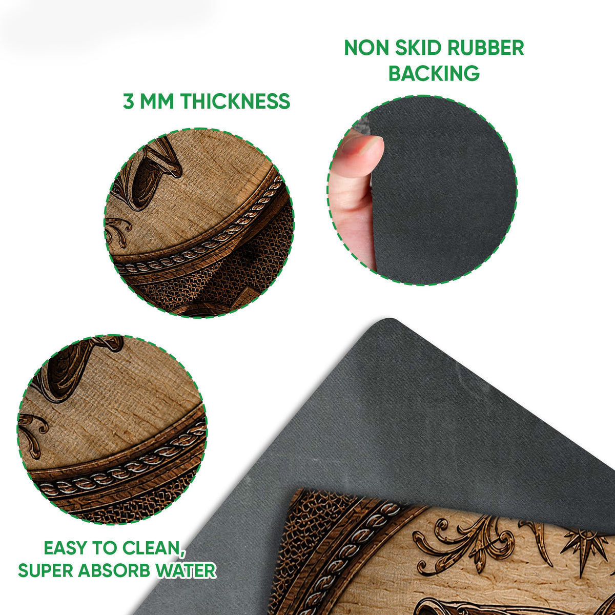Close-up feature view of the fishing doormat showing its printed surface, dark backing, and rolled corner