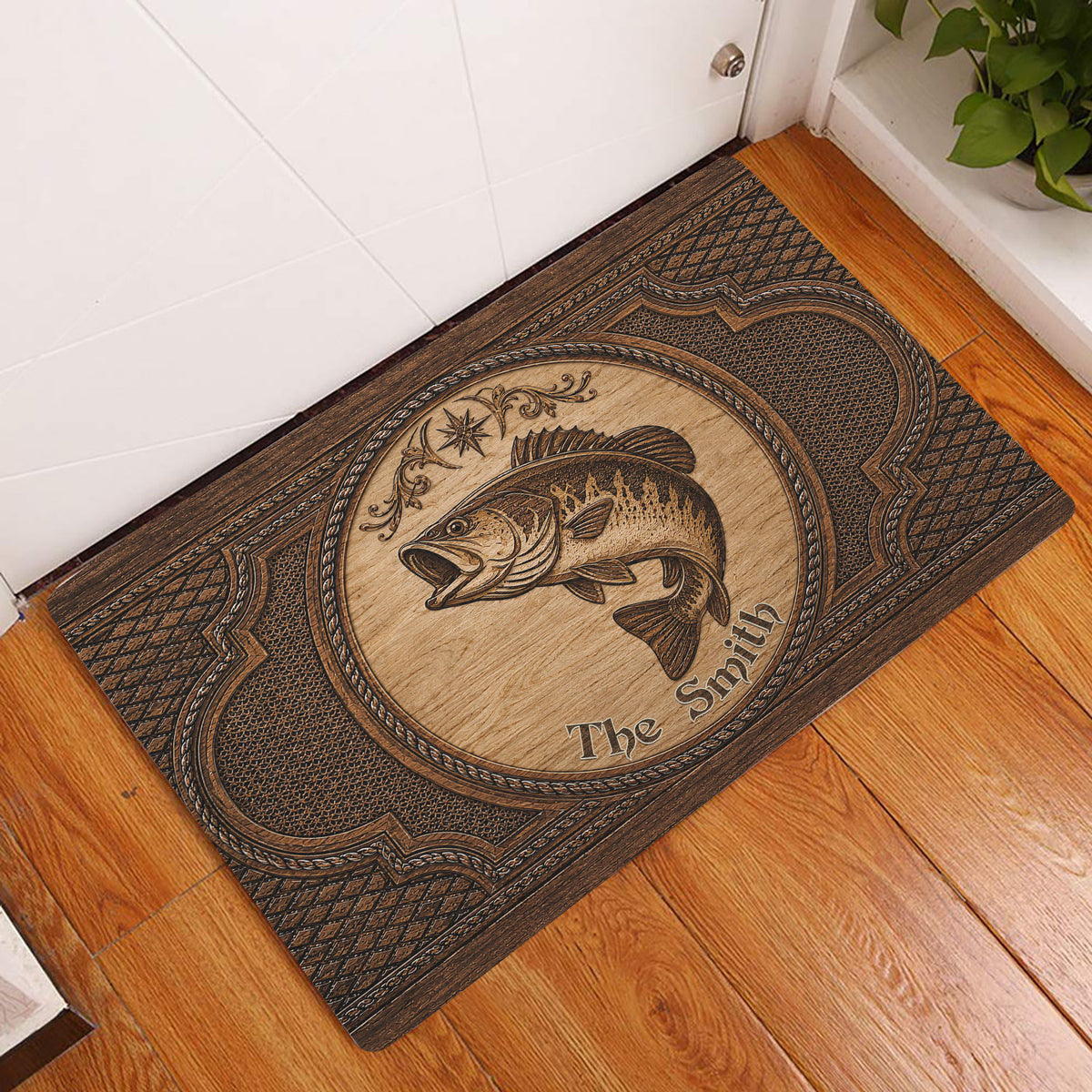 Fishing-themed doormat displayed in an entryway on a warm wood floor beside a door