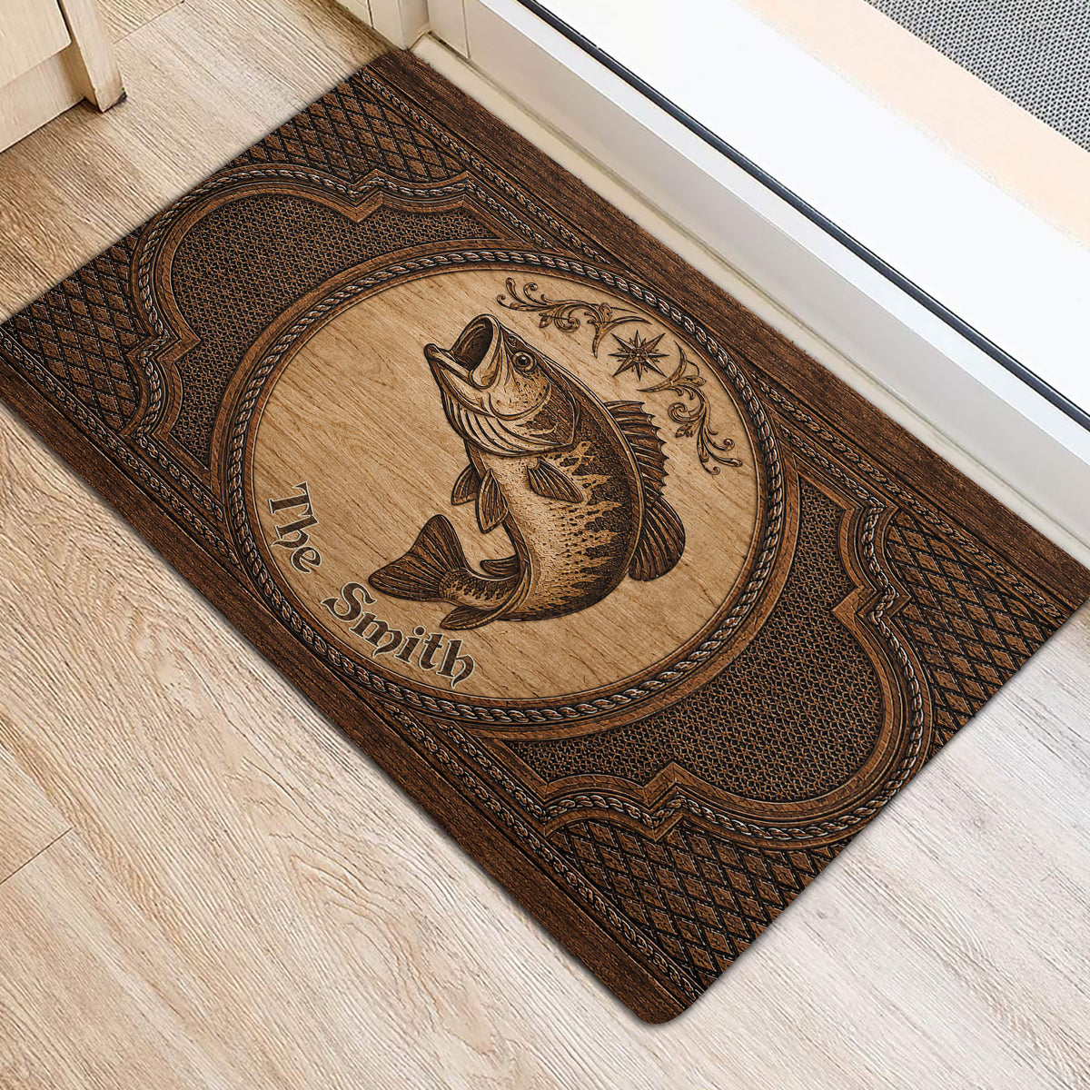 Rustic fish doormat placed inside an entryway near a doorway on a light wood floor