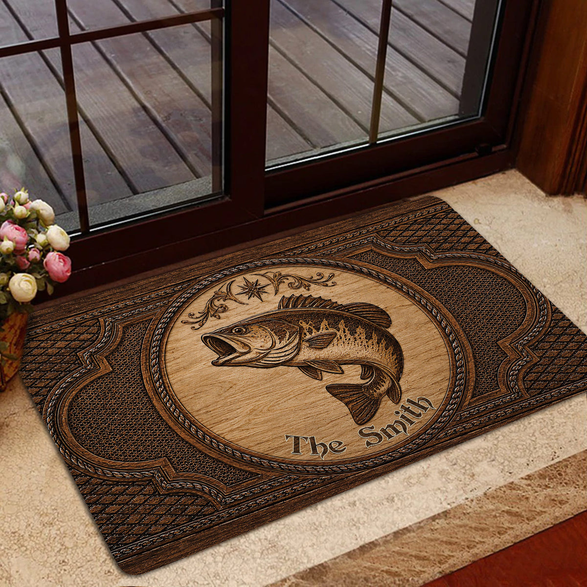 Fishing doormat styled in a home entrance with glass doors, carpeting, and a detailed fish design