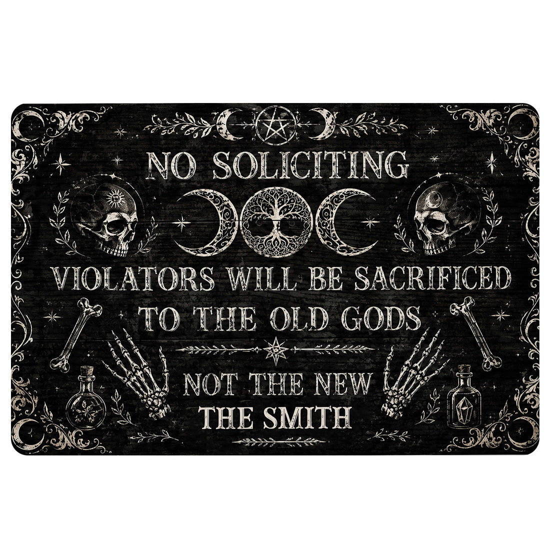 Black Wicca doormat with pentacle, triple moon symbols, skulls, bones and ornate occult artwork