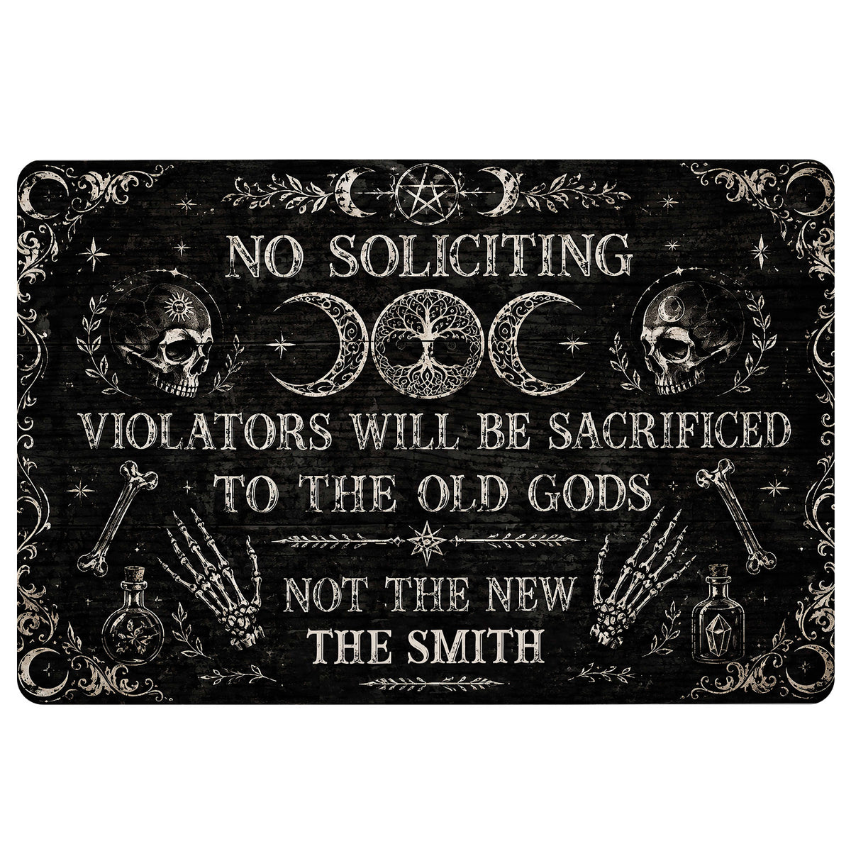 Black Wicca doormat with pentacle, triple moon symbols, skulls, bones and ornate occult artwork