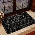 Wicca entryway mat styled near a glass door with dark moon and skull artwork