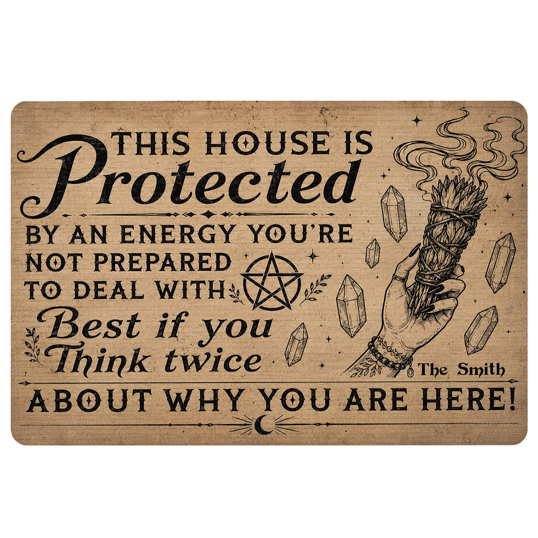 Wicca doormat with protective typography, pentagram, crystals, crescent moon, and cleansing bundle artwork