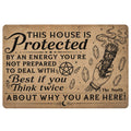 Wicca doormat with protective typography, pentagram, crystals, crescent moon, and cleansing bundle artwork