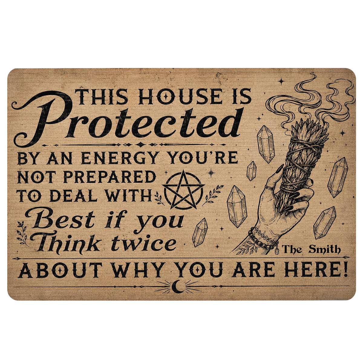 Wicca doormat with protective typography, pentagram, crystals, crescent moon, and cleansing bundle artwork