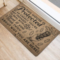 Protective Wicca door mat displayed at an entryway with crystals, pentagram, and mystical typography